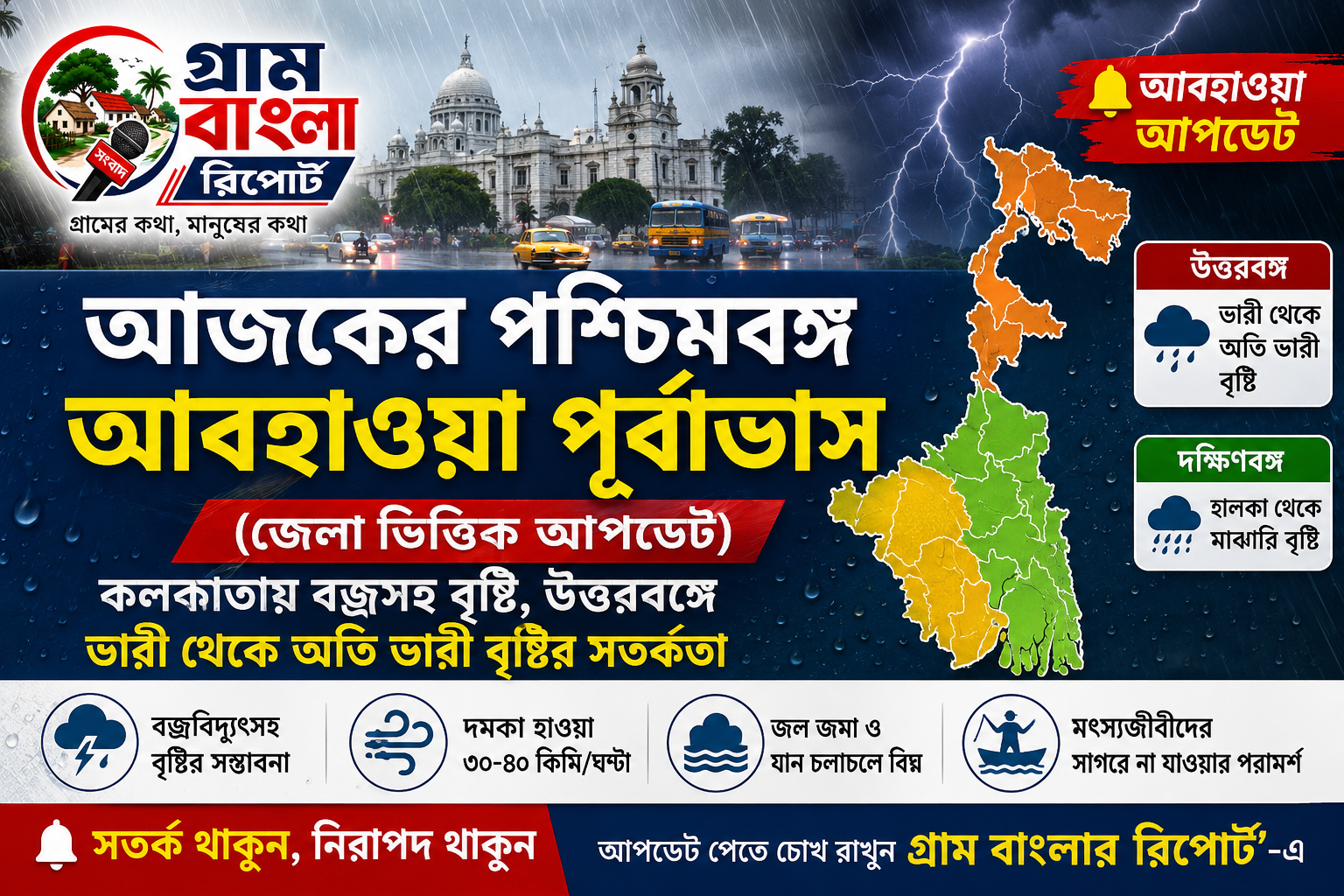 আজকের পশ্চিমবঙ্গ আবহাওয়া পূর্বাভাস (জেলা ভিত্তিক): কলকাতায় বজ্রসহ বৃষ্টি, উত্তরবঙ্গে ভারী থেকে অতি ভারী বর্ষণের সতর্কতা
