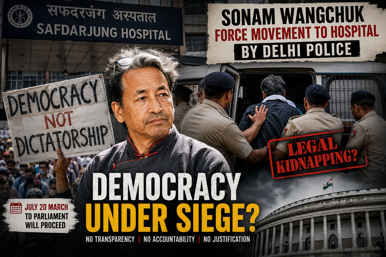 Sonam Wangchuk’s Forced Hospitalisation Sparks National Outrage: Supporters Call It “Legal Kidnapping” as Questions Mount Over Delhi Police’s Actions