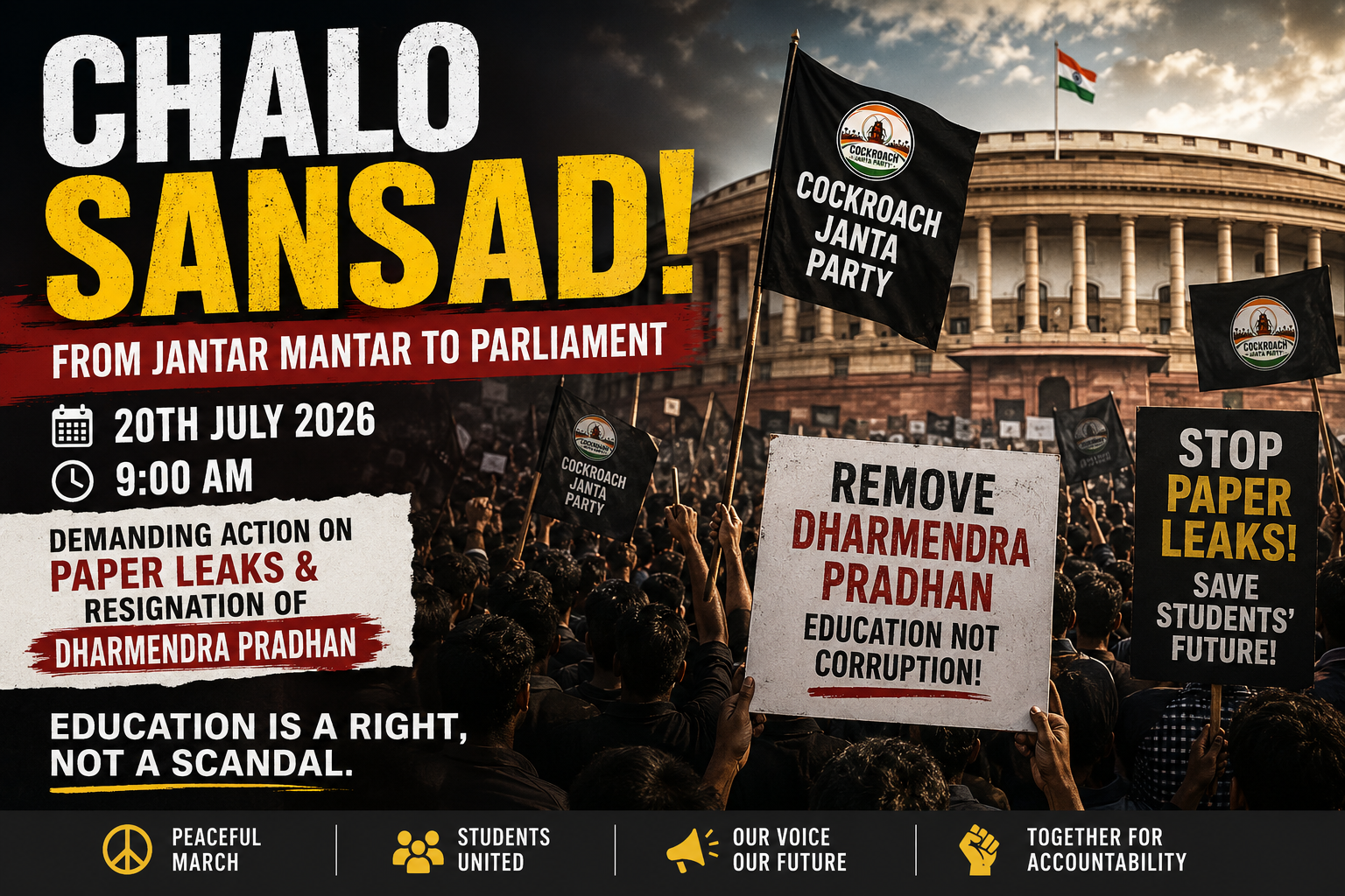 Cockroach Janta Party Announces "Chalo Sansad" March to Parliament on July 20