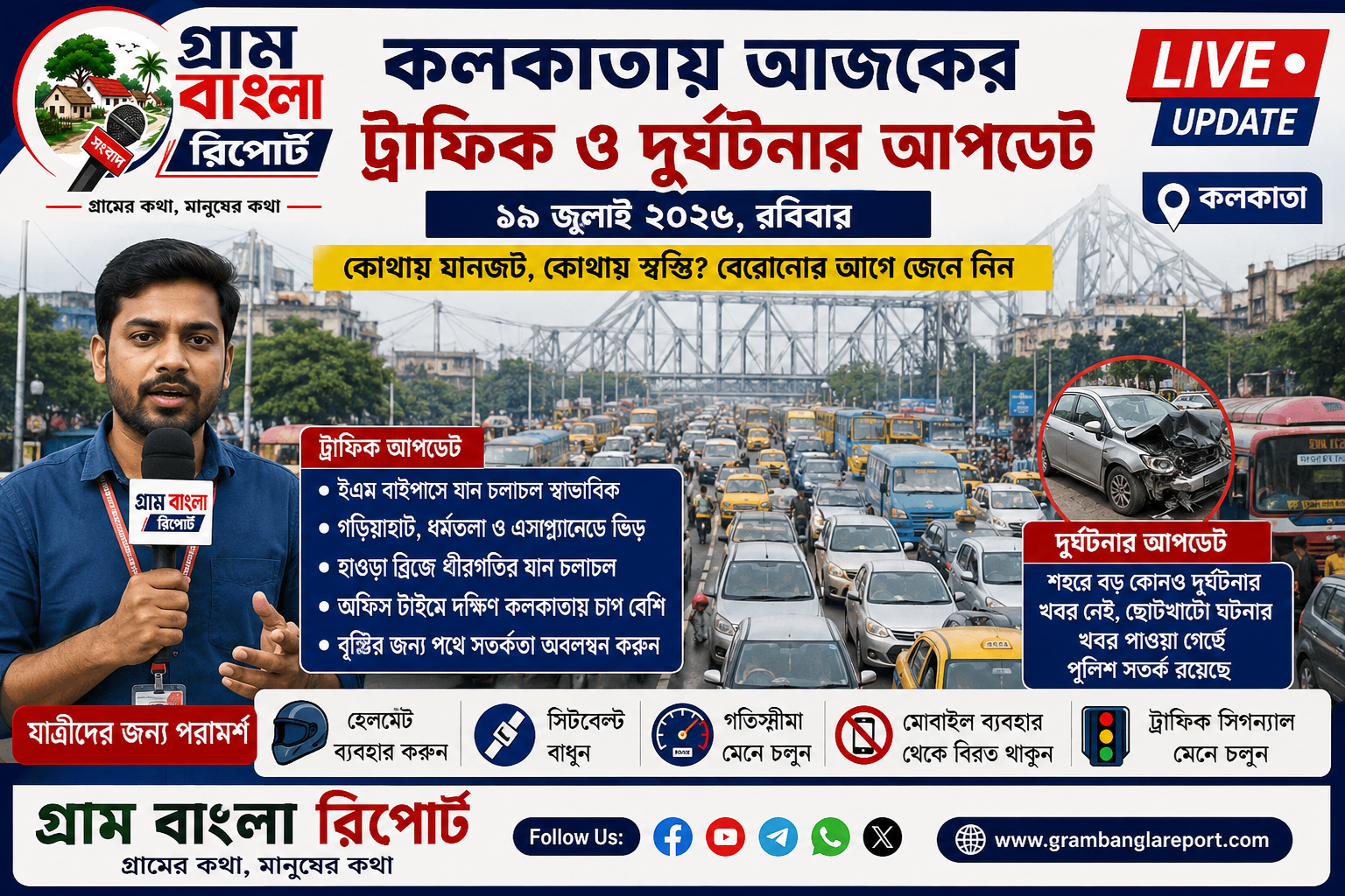 🚦 কলকাতায় আজকের ট্রাফিক ও দুর্ঘটনার আপডেট (১৯ জুলাই ২০২৬) রবিবারে কোথায় যানজট, কোথায় স্বস্তি? বেরোনোর আগে জেনে নিন শহরের গুরুত্বপূর্ণ ট্রাফিক পরিস্থিতি
