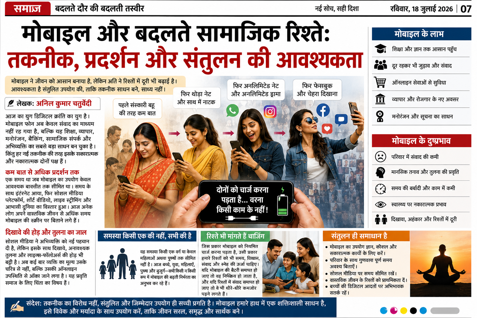मोबाइल और बदलते सामाजिक रिश्ते: तकनीक, प्रदर्शन और संतुलन की आवश्यकता