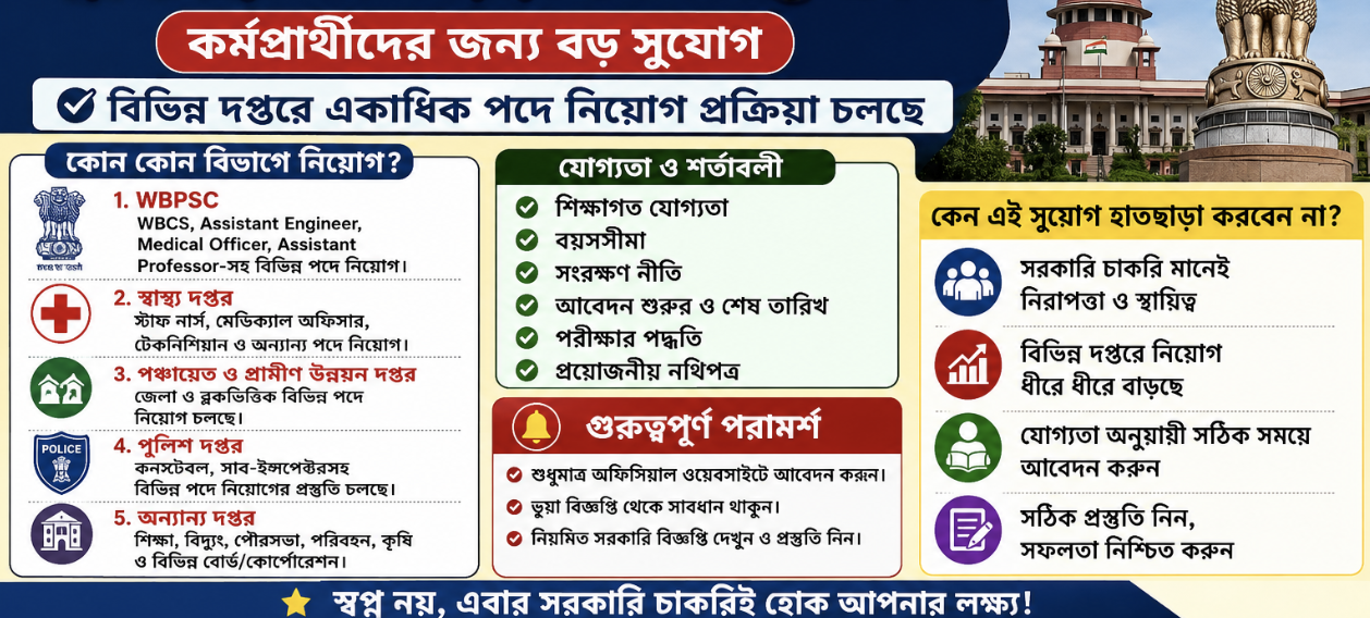 পশ্চিমবঙ্গে নতুন সরকারি চাকরির বিজ্ঞপ্তি ২০২৬: কর্মপ্রার্থীদের জন্য বড় সুযোগ, কোন কোন বিভাগে নিয়োগ চলছে?
