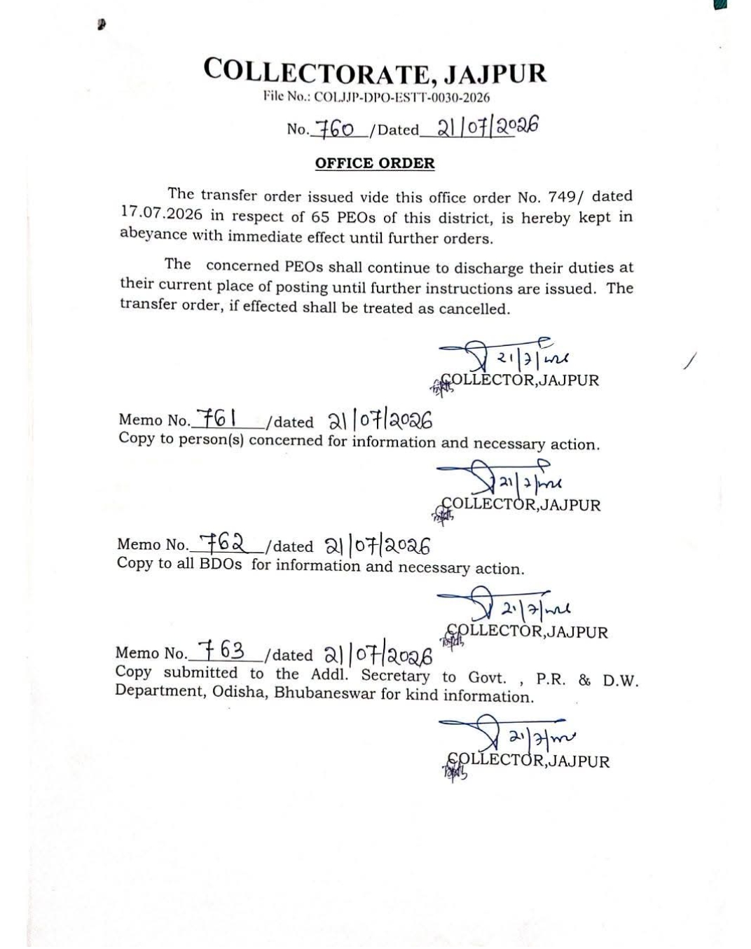 In whose interest was the transfer order of 65 Panchayat Executive Officers of Jajpur district postponed? If it was supposed to be postponed, why was it transferred ? Will the District Collector answe