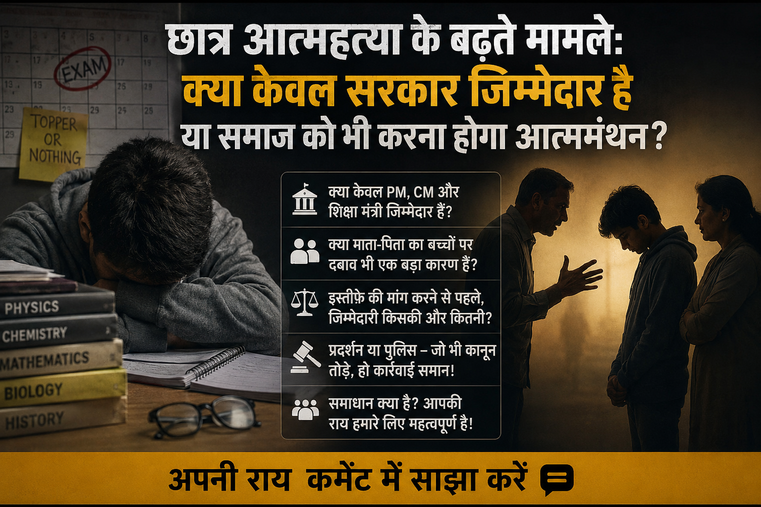छात्र आत्महत्या के बढ़ते मामले: क्या केवल सरकार जिम्मेदार है या माता-पिता और समाज को भी करना होगा आत्ममंथन?