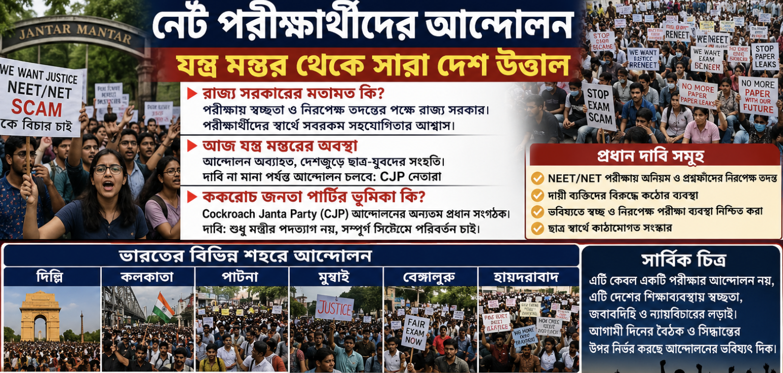 দিল্লির যন্ত্র মন্তরে NET/NEET পরীক্ষার্থীদের আন্দোলন: আজকের পরিস্থিতি, বিভিন্ন রাজ্যে বিক্ষোভ, রাজনৈতিক প্রতিক্রিয়া ও সর্বশেষ আপডেট