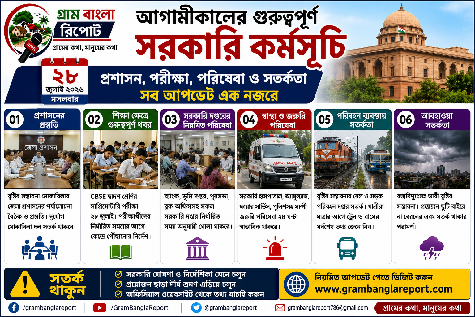 গ্রাম বাংলা রিপোর্ট আগামীকালের গুরুত্বপূর্ণ সরকারি কর্মসূচি: প্রশাসনিক বৈঠক, পরীক্ষা, আবহাওয়া সতর্কতা ও সরকারি পরিষেবায় নজর