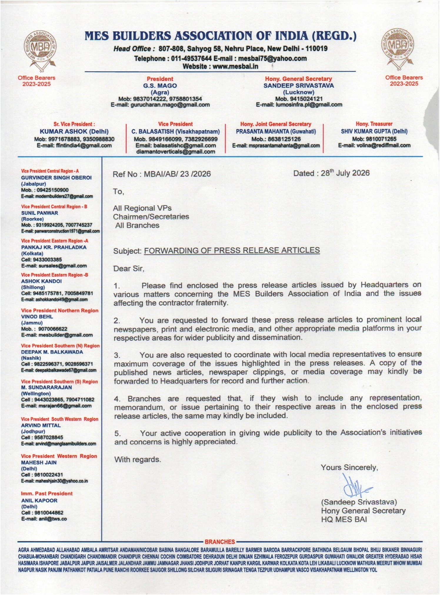 MES Builders Association of India  has announced the launch of a nationwide agitation