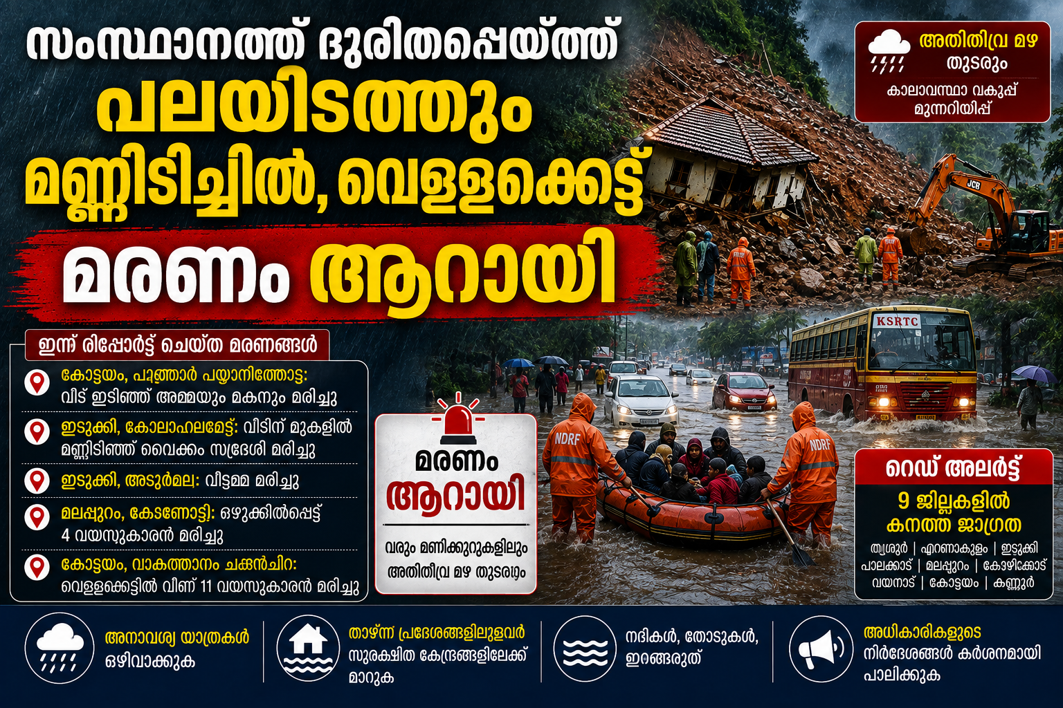 സംസ്ഥാനത്ത് ദുരിതപ്പെയ്ത്ത്: പലയിടത്തും മണ്ണിടിച്ചിലും വെള്ളക്കെട്ടും; മരണം ആറായി