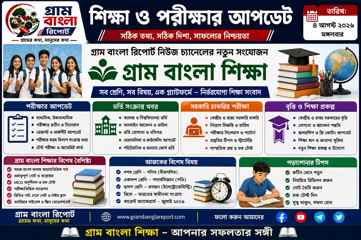 মাধ্যমিক, উচ্চমাধ্যমিক, কলেজ ভর্তি, সরকারি চাকরির পরীক্ষা ও দক্ষতা উন্নয়ন—এক প্ল্যাটফর্মে নির্ভরযোগ্য শিক্ষা সংবাদ