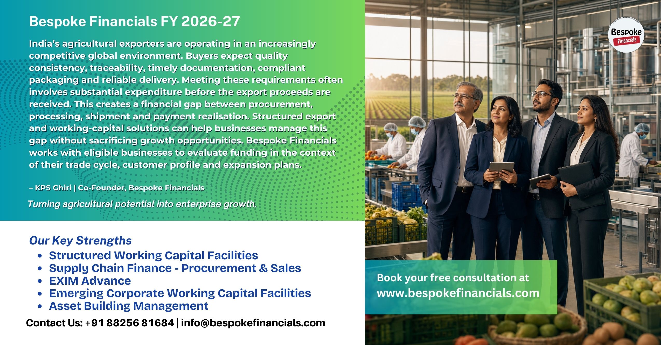 India’s Agriculture Sector Faces Rising Working Capital Pressure as Bespoke Financials Expands Structured Funding Solutions for FY 2026–27
