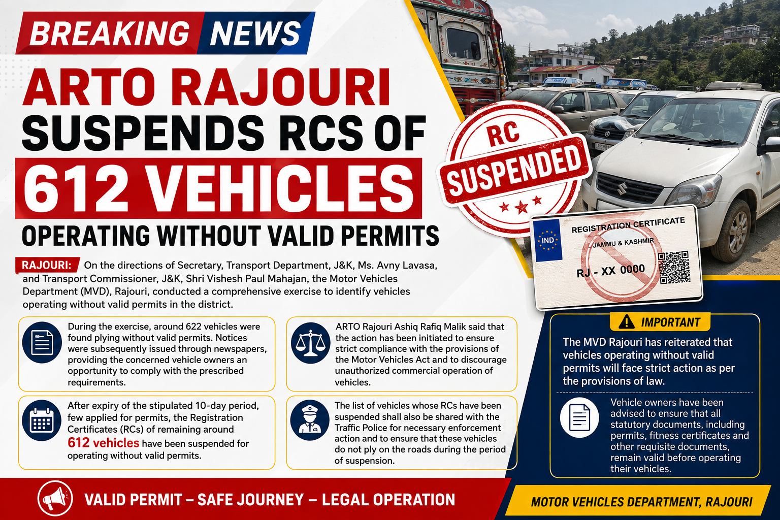 ARTO Rajouri Cracks Down on Illegal Vehicles: 612 Registration Certificates Suspended