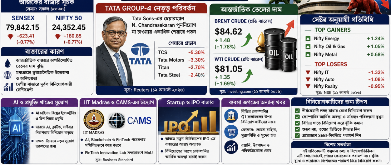 তেলের দামে চাপ, Sensex–Nifty-তে পতন; Tata Group-এর নেতৃত্ব পরিবর্তনেও বাজারে অস্থিরতা