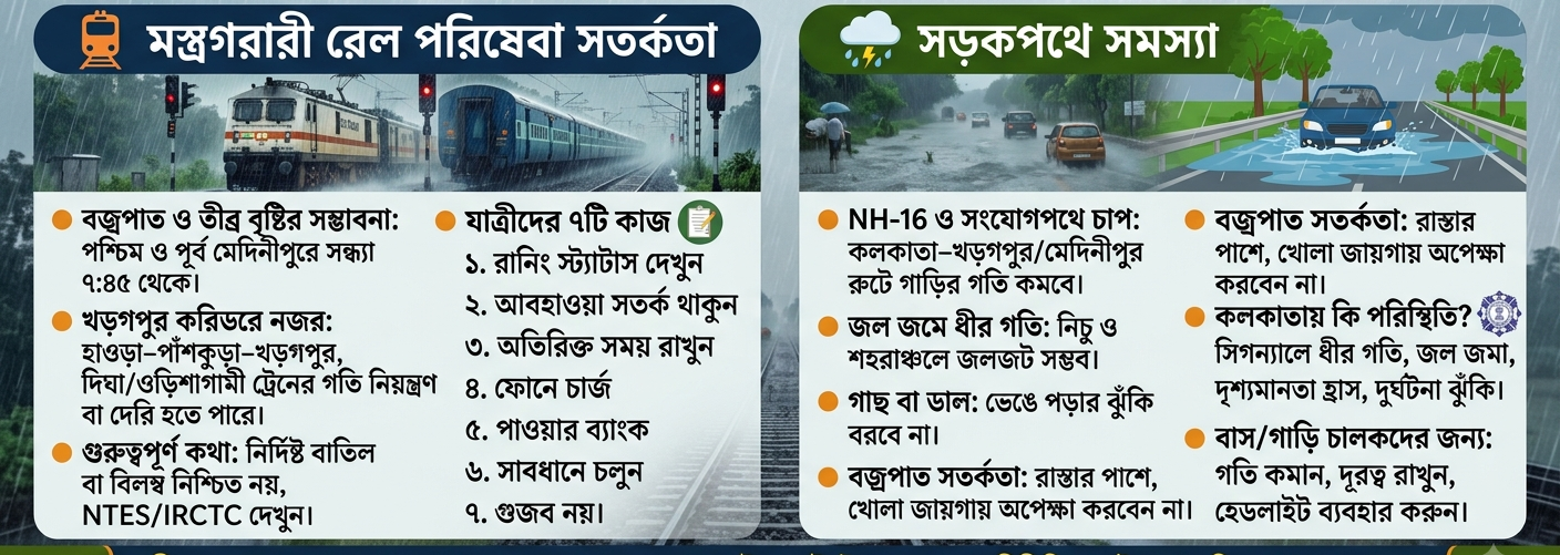 🚆🚦  দক্ষিণবঙ্গে দুর্যোগপূর্ণ আবহাওয়ার প্রভাব—খড়গপুর রুটের যাত্রীদের বাড়তি সতর্কতা, রাস্তায় জলজট ও ধীরগতির আশঙ্কা
