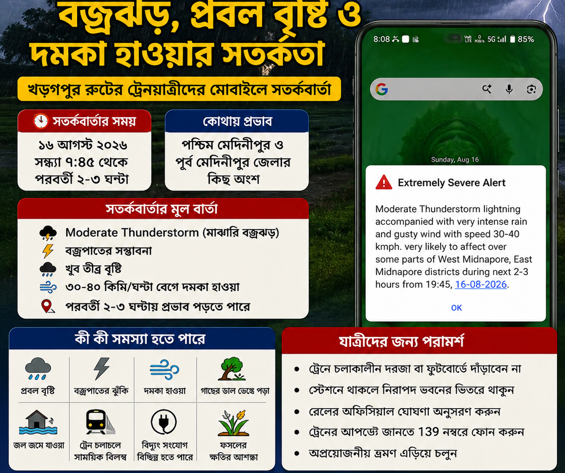 🚨  পশ্চিম ও পূর্ব মেদিনীপুরে বজ্রঝড়ের আশঙ্কা—সন্ধ্যা ৭:৪৫ থেকে ২–৩ ঘণ্টা সতর্ক থাকার বার্তা, ট্রেনযাত্রীদের বিশেষ সাবধানতার পরামর্শ