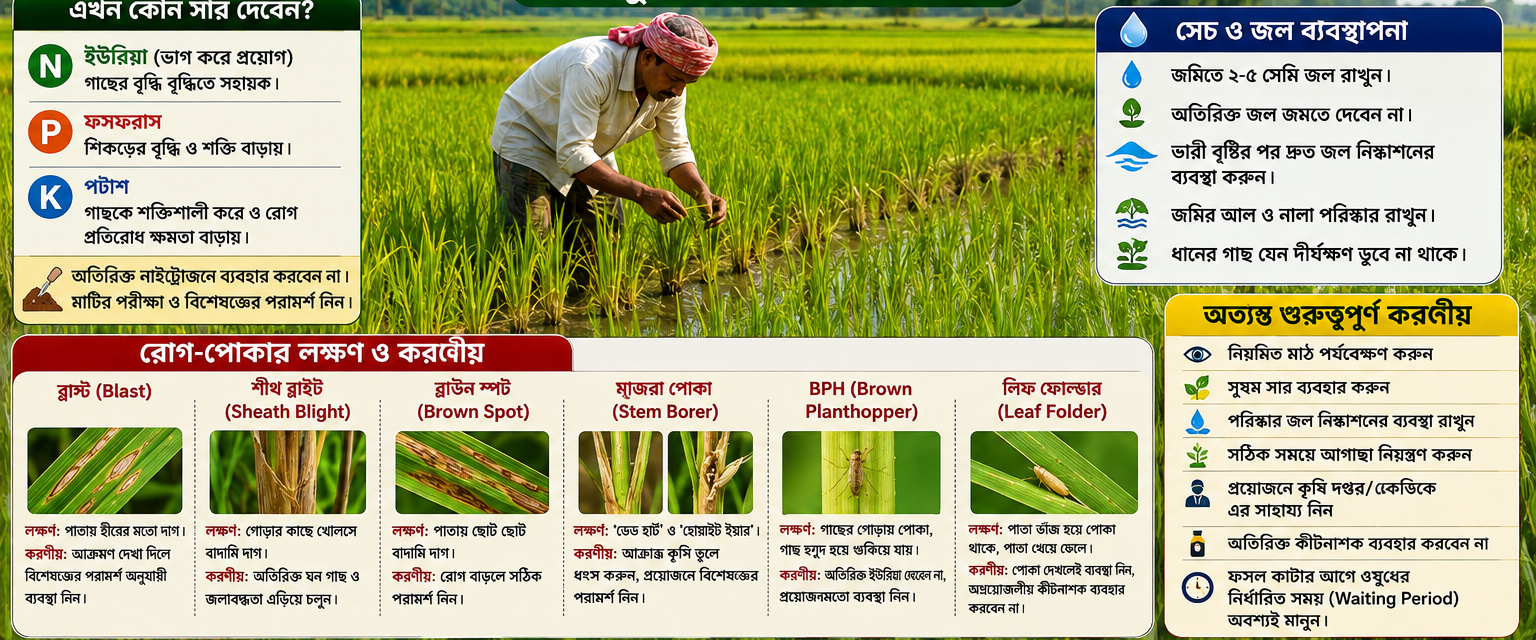 🌾  আমন ধানে এখনই নজর দিন সার, জল ও রোগ-পোকার ব্যবস্থাপনায়—সঠিক পরিচর্যায় বাড়তে পারে ফলনের সম্ভাবনা