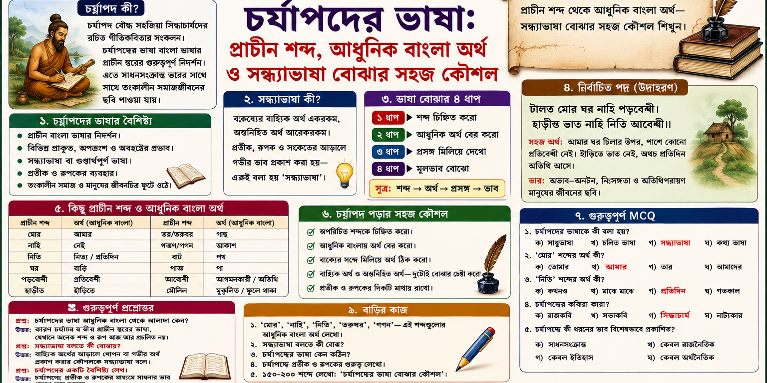 📚 গ্রাম বাংলা শিক্ষা নবম শ্রেণী – বাংলা | পাঠ–৫ কঠিন চর্যাপদ আর ভয়ের নয়! প্রাচীন শব্দ থেকে আধুনিক বাংলা অর্থ—সন্ধ্যাভাষা বোঝার সহজ কৌশল শিখুন