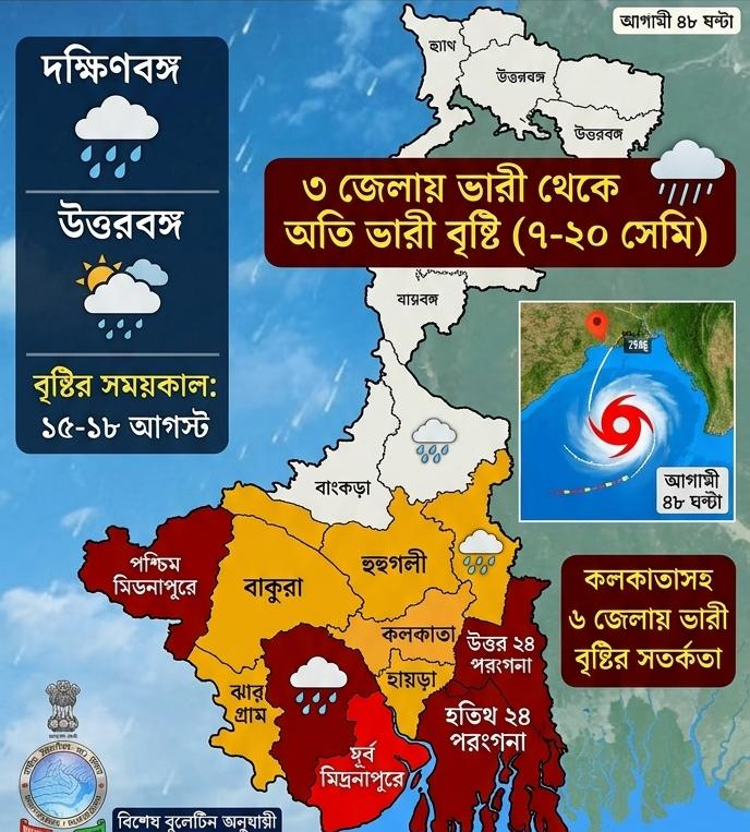🌧️  বঙ্গোপসাগরে ফের নিম্নচাপের সম্ভাবনা, রবিবার দক্ষিণবঙ্গে বাড়বে বৃষ্টির দাপট—৩ জেলায় ভারী থেকে অতি ভারী বৃষ্টি, কলকাতাতেও ভারী বৃষ্টির সতর্কতা