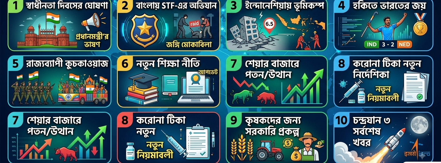 🇮🇳 স্বাধীনতা দিবসে দেশজুড়ে একাধিক বড় ঘোষণা, বাংলায় STF-এর অভিযান, ইন্দোনেশিয়ায় ভয়াবহ ভূমিকম্প, হকিতে ভারতের জয়—জেনে নিন আজকের ১০ গুরুত্বপূর্ণ খবর