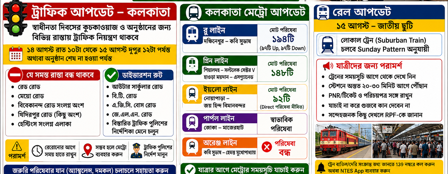 🚦🚆  স্বাধীনতা দিবসে কলকাতায় ট্রাফিক নিয়ন্ত্রণ, রেড রোডে বিশেষ বিধিনিষেধ—মেট্রো পরিষেবাতেও পরিবর্তন; রেলে যাত্রীদের জন্য সতর্কবার্তা