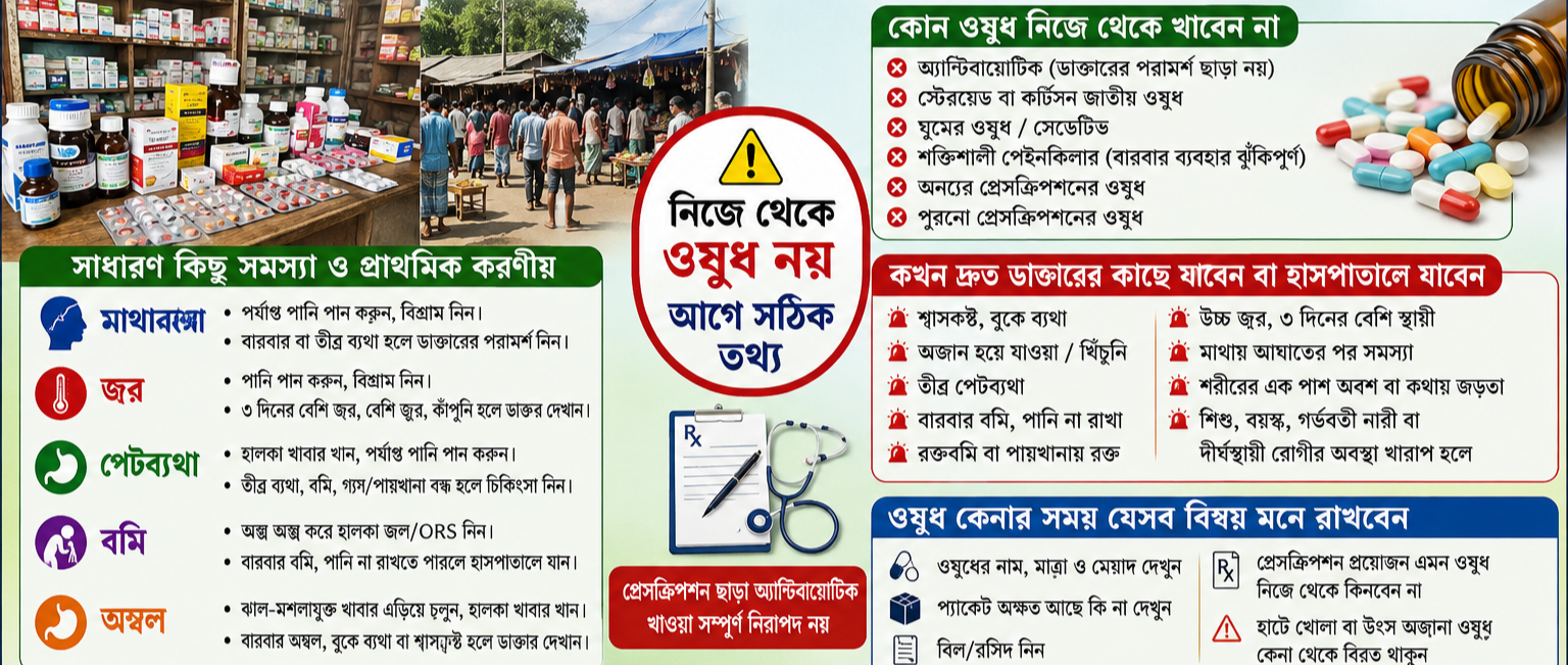গ্রামের দোকান ও হাটে মিলছে নানা ওষুধ, প্রয়োজন বুঝে কিনে খাচ্ছেন মানুষ—কোন ওষুধে বিপদ? কখন ডাক্তার দেখাবেন?