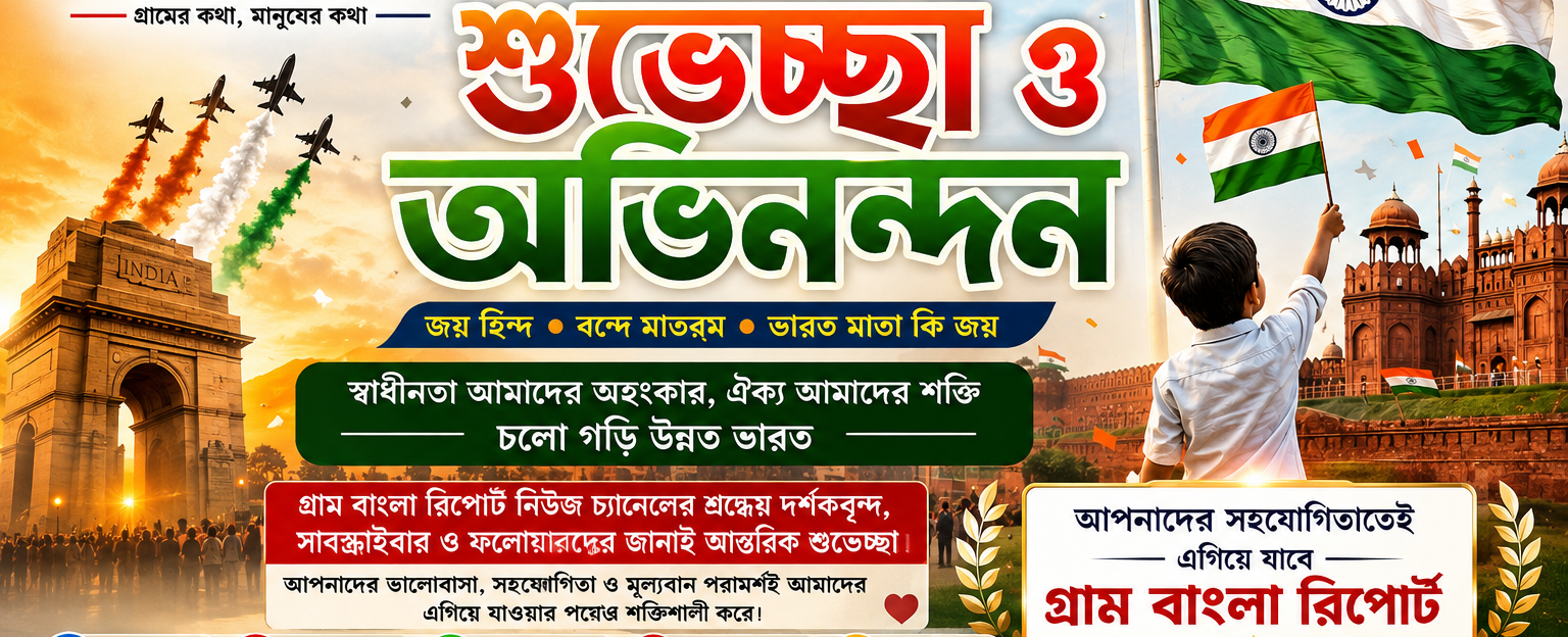 🇮🇳 ৮০তম স্বাধীনতা দিবসে দেশবাসীকে গ্রাম বাংলা রিপোর্টের আন্তরিক শুভেচ্ছা—“আপনাদের ভালোবাসা, পরামর্শ ও সহযোগিতাতেই এগিয়ে যাবে গ্রাম বাংলা রিপোর্ট”