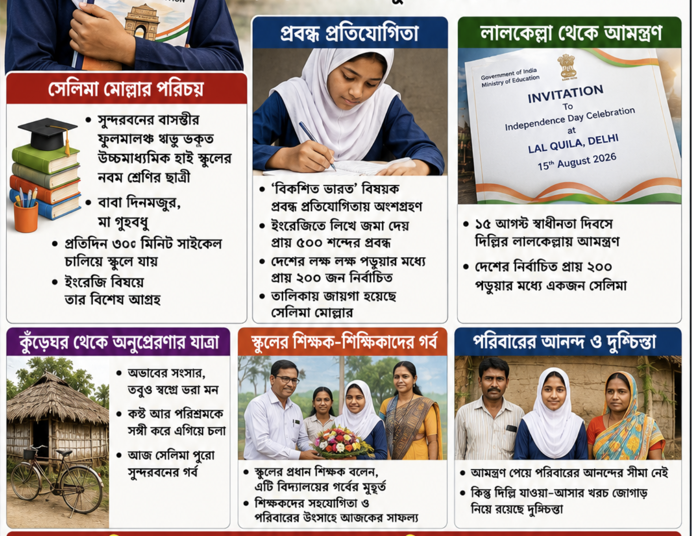 🇮🇳   দারিদ্র্যকে হারিয়ে মেধার স্বীকৃতি, সুন্দরবনের নবম শ্রেণির ছাত্রী সেলিমা মোল্লার লালকেল্লায় ডাক—‘বিকশিত ভারত’ নিয়ে লেখা প্রবন্ধই খুলে দিল দিল্লির দরজা