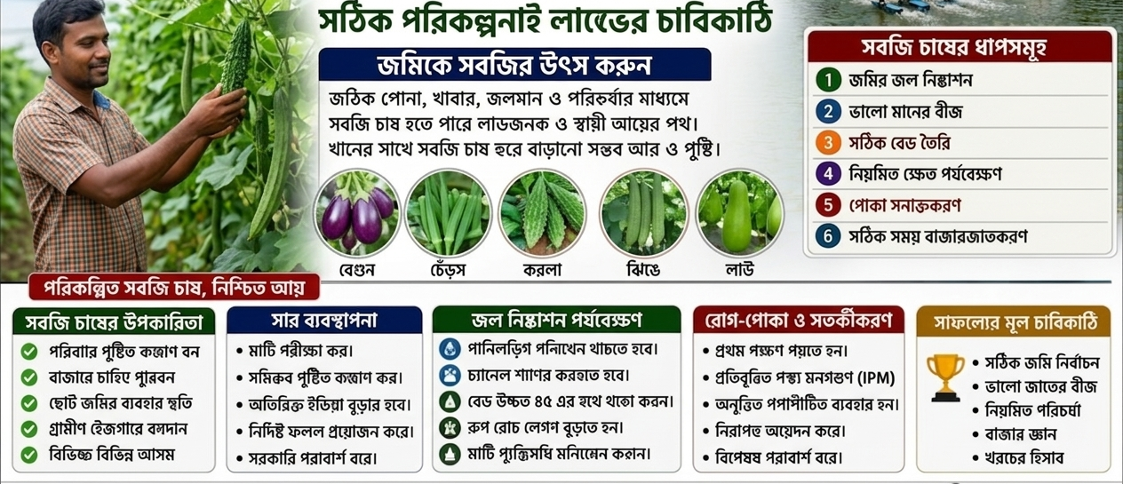 🥬  গ্রামবাংলার কৃষকের নতুন আয়ের সম্ভাবনা  ধানের পাশাপাশি সবজি চাষে জোর—বর্ষায় সঠিক জমি, জল নিষ্কাশন, রোগ-পোকা নিয়ন্ত্রণ ও বাজার পরিকল্পনাই হতে পারে লাভের চাবিকাঠি