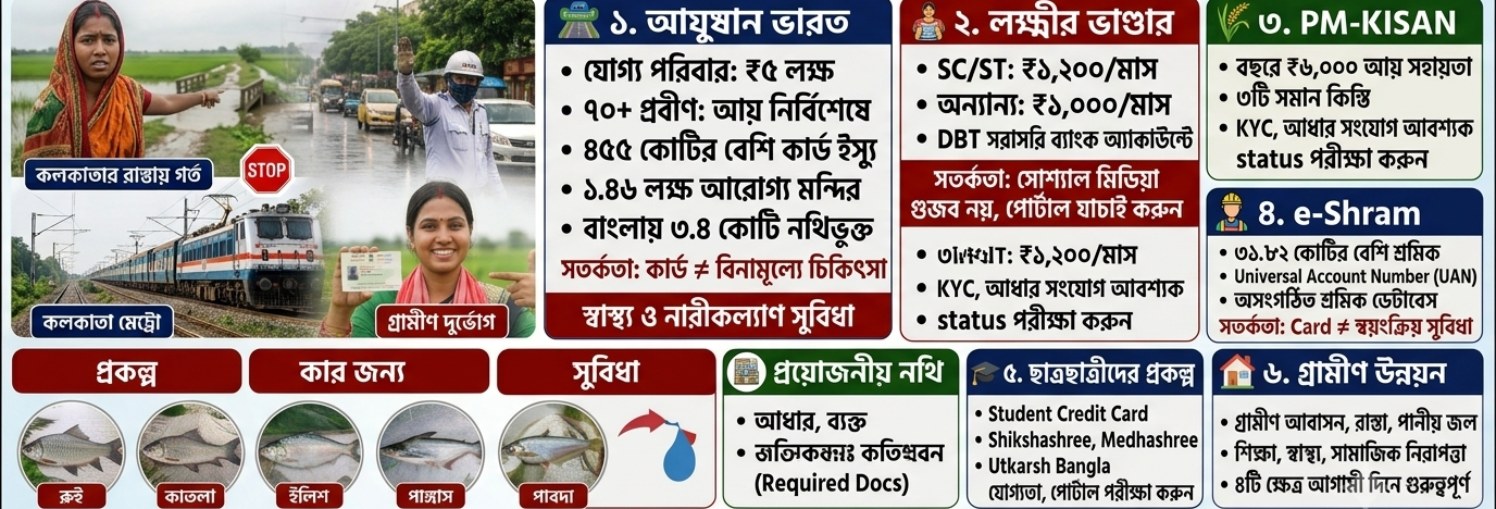 🏛️  বাংলায় স্বাস্থ্য, নারীকল্যাণ ও সামাজিক সুরক্ষায় নজর; কেন্দ্রের আয়ুষ্মান ভারত ও e-Shram-এও বাড়ছে সুবিধার পরিধি