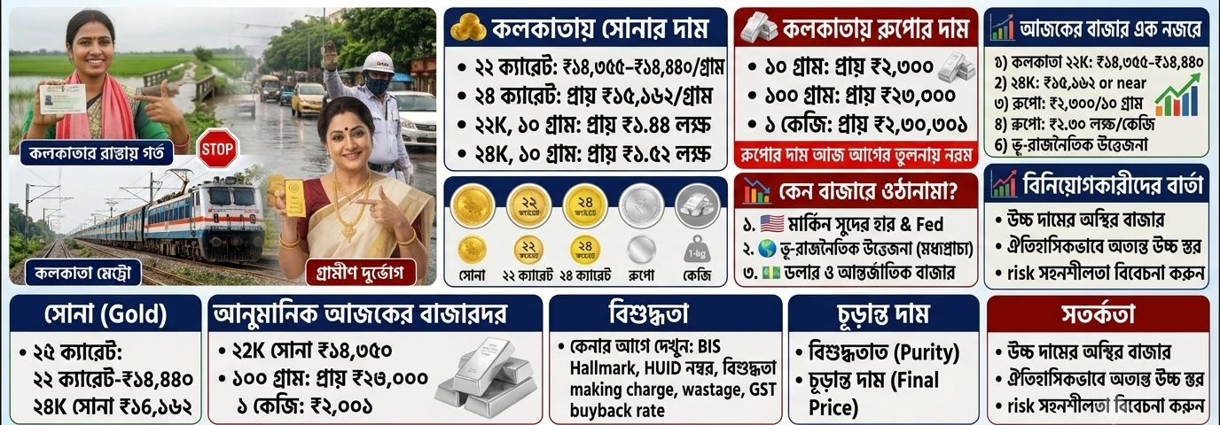 🪙  সোনার বাজারে স্থিরতা, রুপোয় বড় পতনের চাপ! কলকাতায় ২২ ক্যারেট সোনা প্রায় ₹১৪,৩৫৫/গ্রাম, ২৪ ক্যারেটের দাম প্রায় ₹১৫,৯০০-এর কাছাকাছি—রুপো প্রায় ₹২.৩০ লক্ষ/কেজি