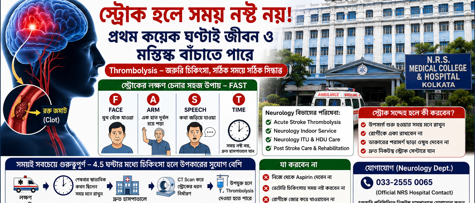 🧠 স্ট্রোক হলে “সময় নষ্ট” মানেই মস্তিষ্কের ক্ষতি! NRS Hospital-কে কেন্দ্র করে জানুন Thrombolysis কী, কখন দেওয়া হয় এবং কেন প্রথম কয়েক ঘণ্টা অত্যন্ত গুরুত্বপূর্ণ