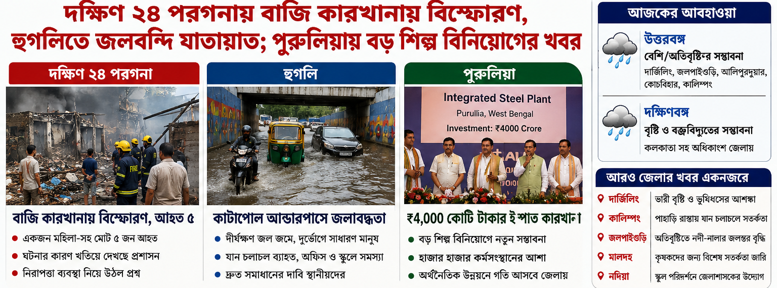 📰 আজকের জেলা-ভিত্তিক স্থানীয় খবর: দক্ষিণ ২৪ পরগনায় বাজি কারখানায় বিস্ফোরণ, হুগলিতে জলবন্দি যাতায়াত; পুরুলিয়ায় বড় শিল্প বিনিয়োগের খবর