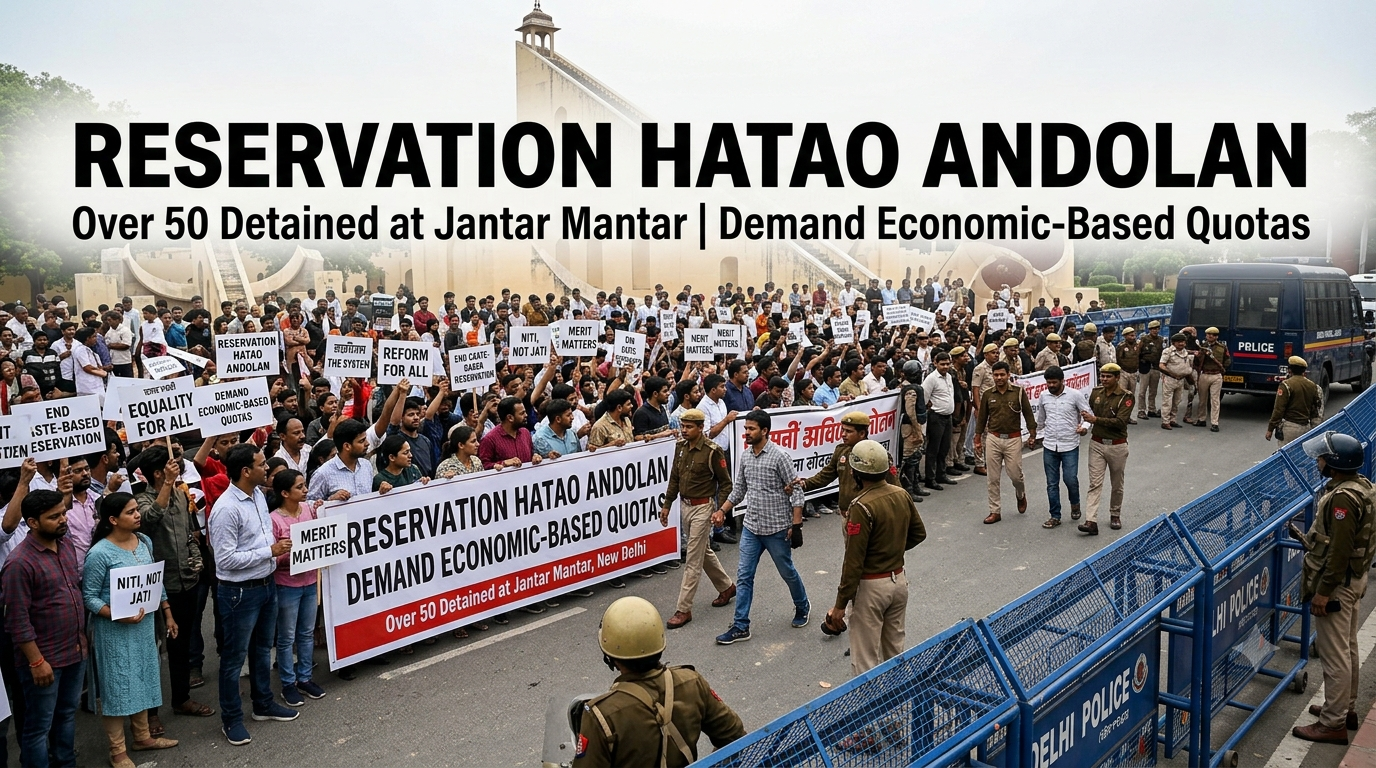 'Reservation Hatao Andolan' at Jantar Mantar: Over 50 Detained as Protesters Demand Economic-Based Quotas