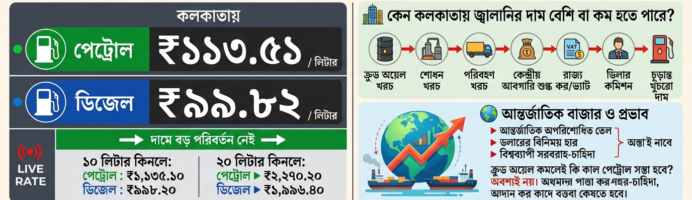 পেট্রোল-ডিজেলের দাম আজ: কলকাতায় পেট্রোল ₹১১৩-এর ওপরে, ডিজেল প্রায় ₹১০০—আজকের জ্বালানির দর কত?