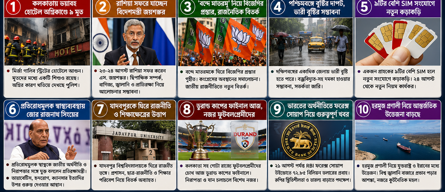 📰 আজকের ১০টি বড় খবর | ২৩ আগস্ট ২০২৬, রবিবার রাজনীতি থেকে আবহাওয়া, কলকাতার অগ্নিকাণ্ড থেকে আন্তর্জাতিক কূটনীতি—দিনভর নজরে গুরুত্বপূর্ণ ঘটনাগুলি