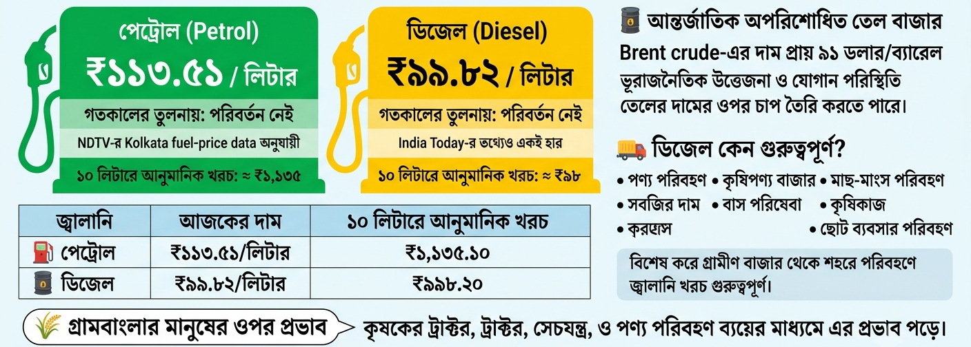 কলকাতায় আজ পেট্রোল ₹১১৩.৫১, ডিজেল ₹৯৯.৮২ প্রতি লিটার—জ্বালানির দামে আপাতত স্থিতি, নজরে আন্তর্জাতিক অপরিশোধিত তেলের বাজার