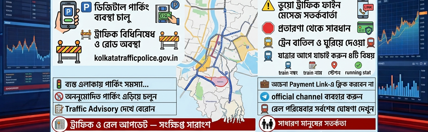 শহরে ট্রাফিক নিয়ন্ত্রণে নতুন ব্যবস্থা, ভুয়ো ট্রাফিক-ফাইনের মেসেজ নিয়ে সতর্কতা—রেলযাত্রীদেরও যাত্রার আগে দেখে নিতে হবে সর্বশেষ পরিষেবা আপডেট