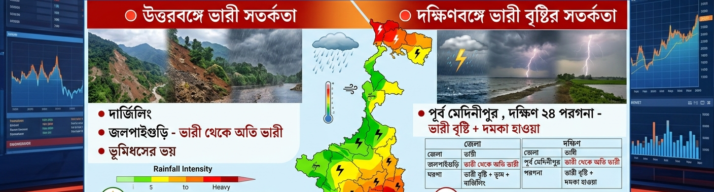 নিম্নচাপের প্রভাবে আজও বৃষ্টির দাপট বাংলাজুড়ে, উত্তরবঙ্গে ভারী থেকে অতি ভারী বৃষ্টির সতর্কতা—দক্ষিণের একাধিক জেলাতেও ভারী বৃষ্টির সম্ভাবনা