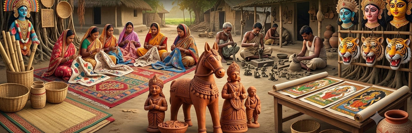মাটি, কাঠ, বাঁশ, কাপড় আর ধাতুর কারুকাজে আজও জীবন্ত গ্রাম বাংলা—লোকশিল্পের হাত ধরে ঐতিহ্যের সঙ্গে নতুন অর্থনীতির সংযোগ