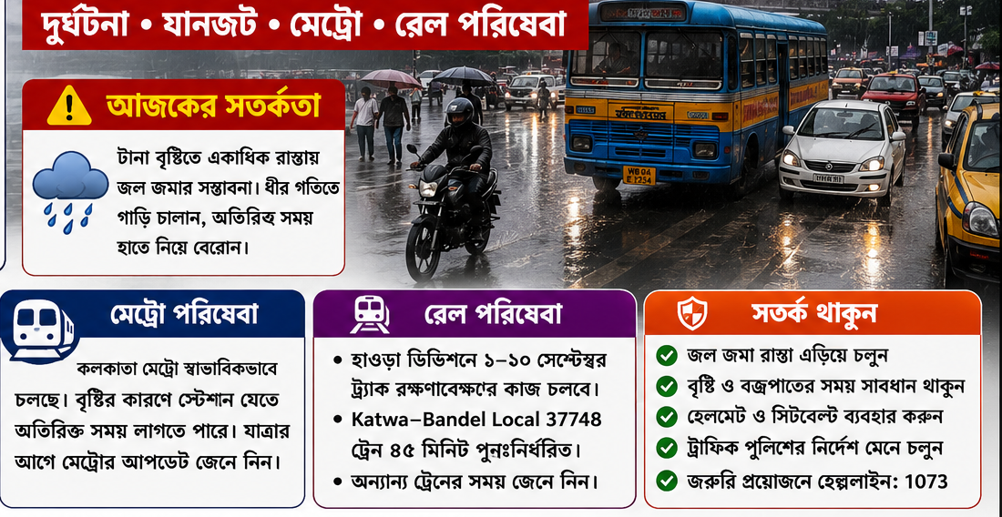 🚦 আজকের কলকাতা ও পশ্চিমবঙ্গ ট্রাফিক আপডেট: বৃষ্টিতে ফের যানজটের আশঙ্কা, EM Bypass–আলিপুরে বেশি সতর্কতা