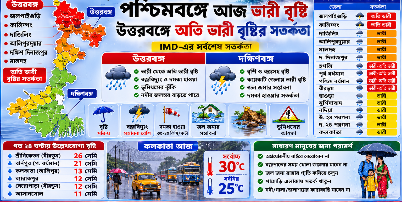 🌧️  উত্তরবঙ্গে অতি ভারী বৃষ্টির সতর্কতা, দক্ষিণবঙ্গেও বজ্রবিদ্যুৎ—জেলা ভিত্তিক পূর্বাভাস