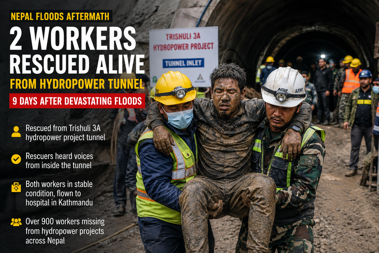 Two Workers Rescued Alive From Nepal Hydropower Tunnel Nine Days After Devastating Floods