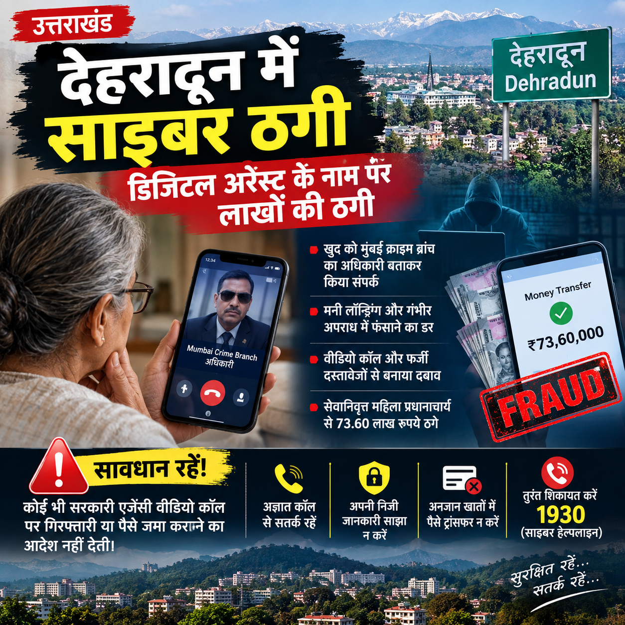 देहरादून में डिजिटल अरेस्ट का बड़ा मामला, सेवानिवृत्त महिला प्रधानाचार्य से 73.60 लाख की ठगी
