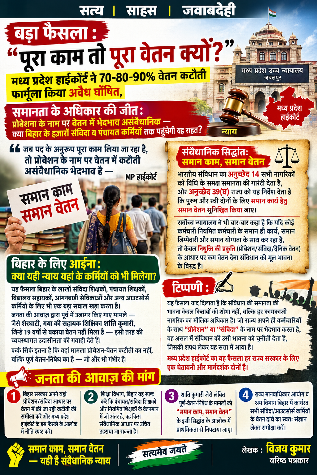 बड़ा फैसला : "पूरा काम तो पूरा वेतन क्यों नहीं?" — मध्य प्रदेश हाईकोर्ट ने 70-80-90% वेतन कटौती फार्मूला किया अवैध घोषित,