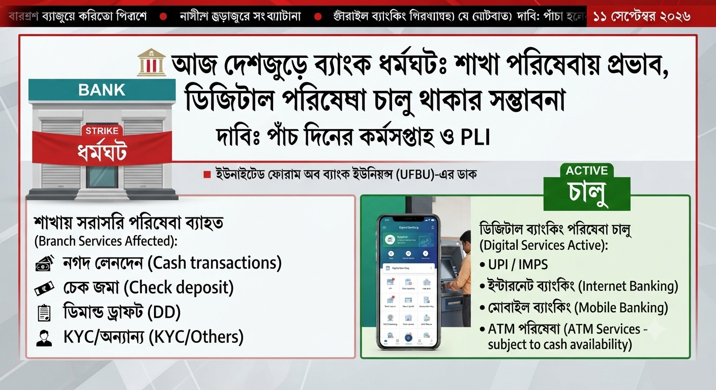 🏦 আজ ব্যাংক ধর্মঘটের প্রথম দিন: দেশজুড়ে শাখা পরিষেবায় প্রভাব, UPI-ATM কি চলবে?