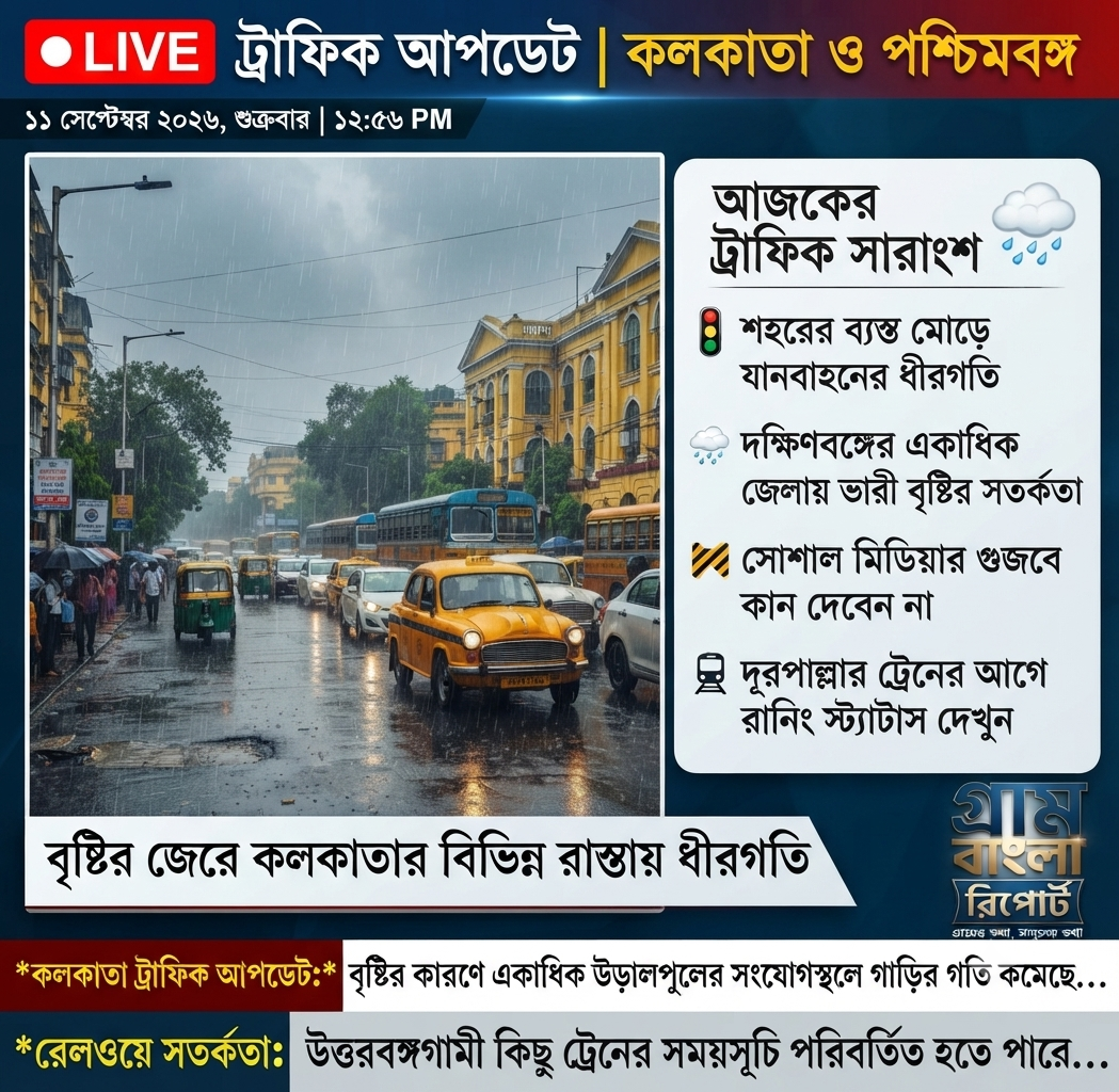 🚦 আজকের কলকাতা ও পশ্চিমবঙ্গ ট্রাফিক আপডেট: বৃষ্টির জেরে বাড়তে পারে যানজট, রেলযাত্রায় সতর্কতা