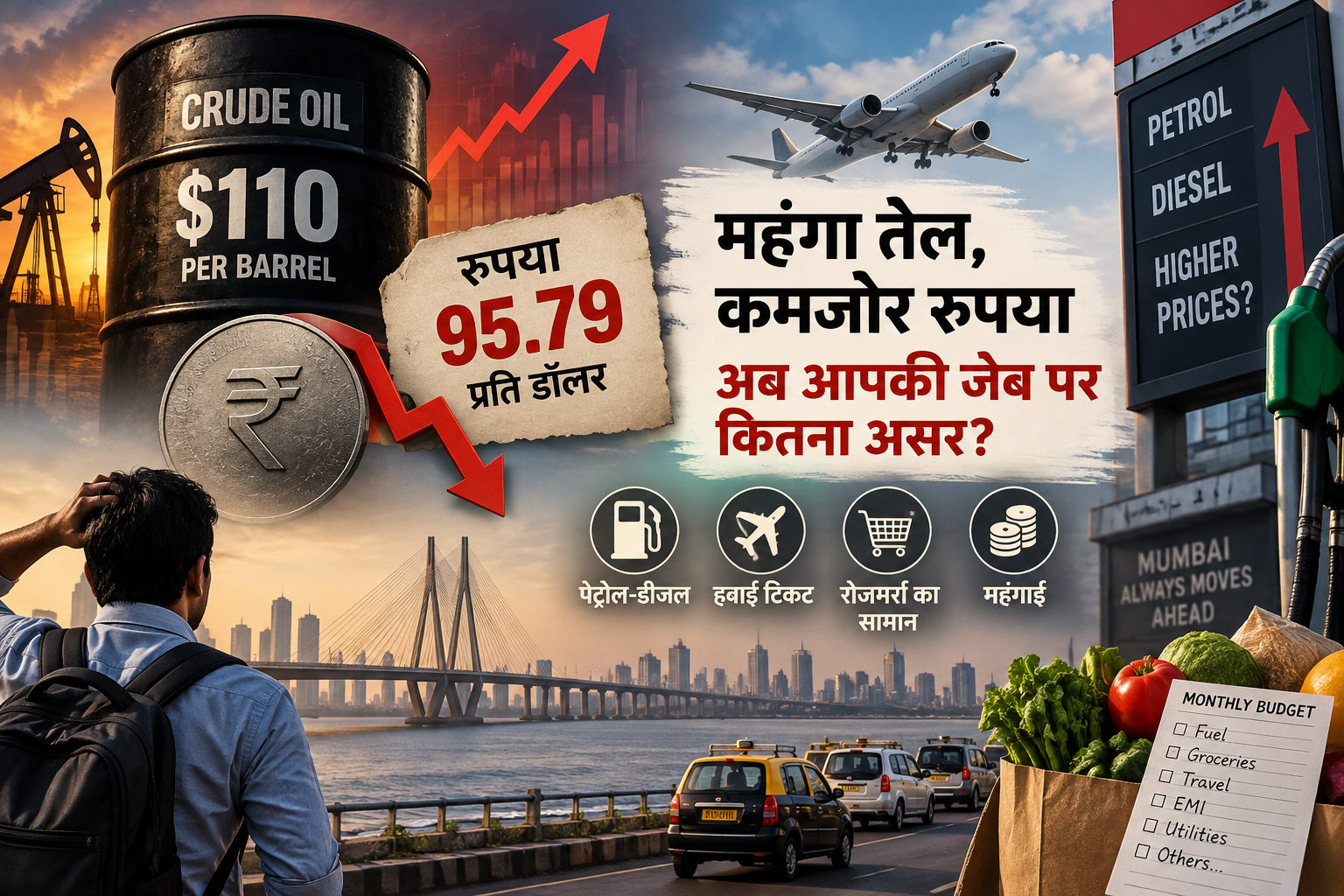 # कच्चा तेल 110 डॉलर के करीब, रुपया 95.79 पर: क्या अब आपकी जेब पर पड़ेगा सीधा असर?  ### पेट्रोल-डीजल से लेकर हवाई टिकट और रोजमर्रा के सामान तक, महंगे Crude Oil का असर कहां-कहां दिखाई दे सकता है?