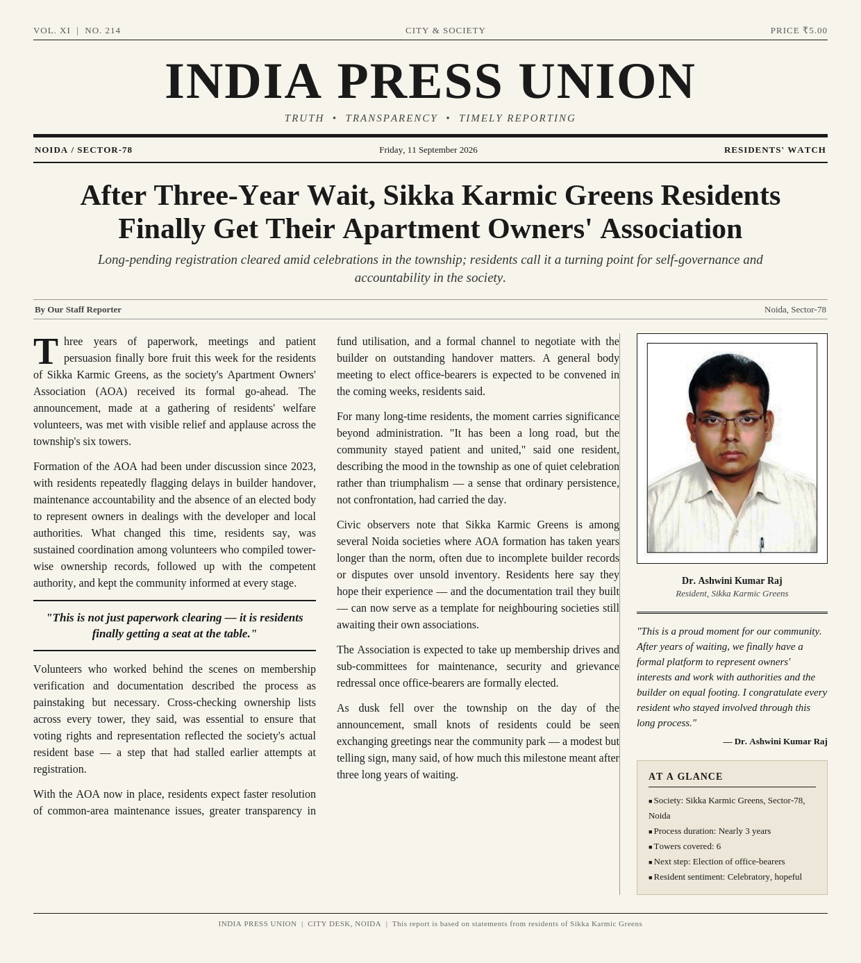 Residents Welcome AOA Formation at Sikka Karmic Greens After Three-Year Wait