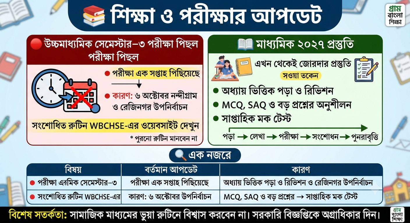 📚 শিক্ষা ও পরীক্ষার আপডেট: উচ্চমাধ্যমিক সেমেস্টার–৩ পরীক্ষার সূচিতে বড় পরিবর্তন, মাধ্যমিক ২০২৭ প্রস্তুতিও জোরদার