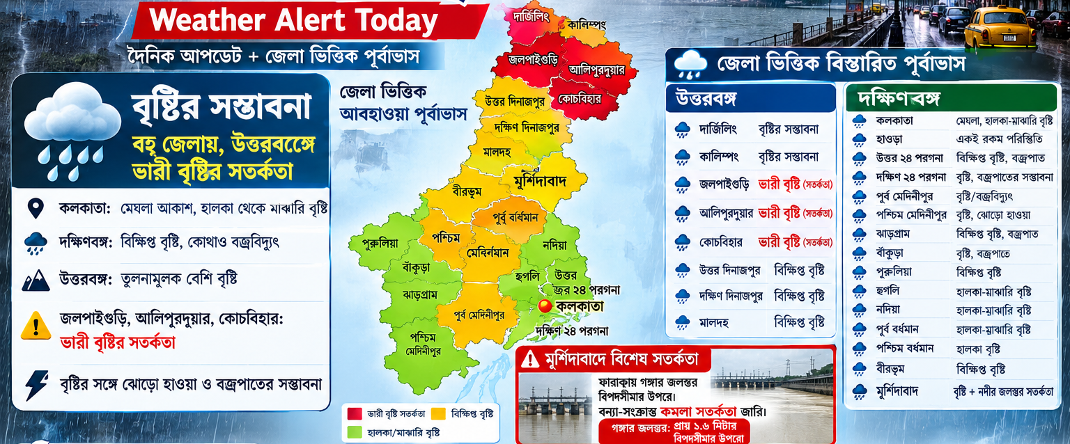 🌧️ আজকের পশ্চিমবঙ্গ আবহাওয়া পূর্বাভাস: কলকাতা থেকে উত্তরবঙ্গ, কোন জেলায় কতটা বৃষ্টি?