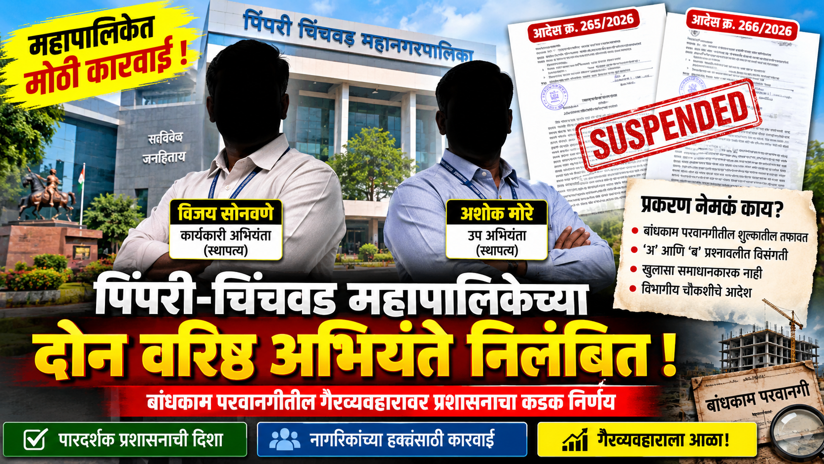 बांधकाम परवानगीतील शुल्कप्रकरणी पिंपरी-चिंचवड महापालिकेच्या दोन अभियंत्यांवर निलंबनाची कारवाई
